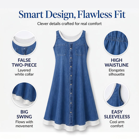 👗50% OFF☀️Women's Faux Two-Piece Denim Print Dress