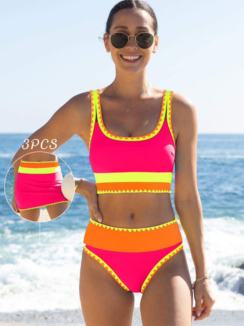 🏖️Hot Sale 50% OFF🌼Color Block Patchwork Nylon Sporty 3-Piece Bikini Set - High Waisted & Tummy Control Swimsuit👙🌈