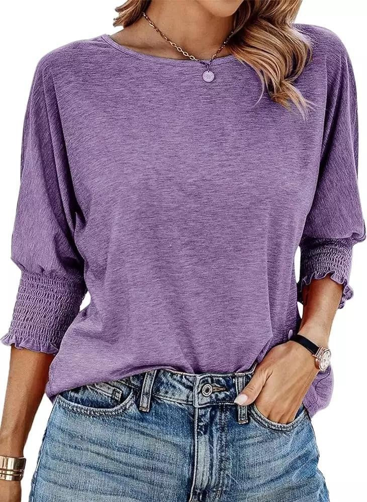 ⏳ Limited Time 50% Off!💐Women's Round Neck Smocked Cuff Dolman Sleeve Top