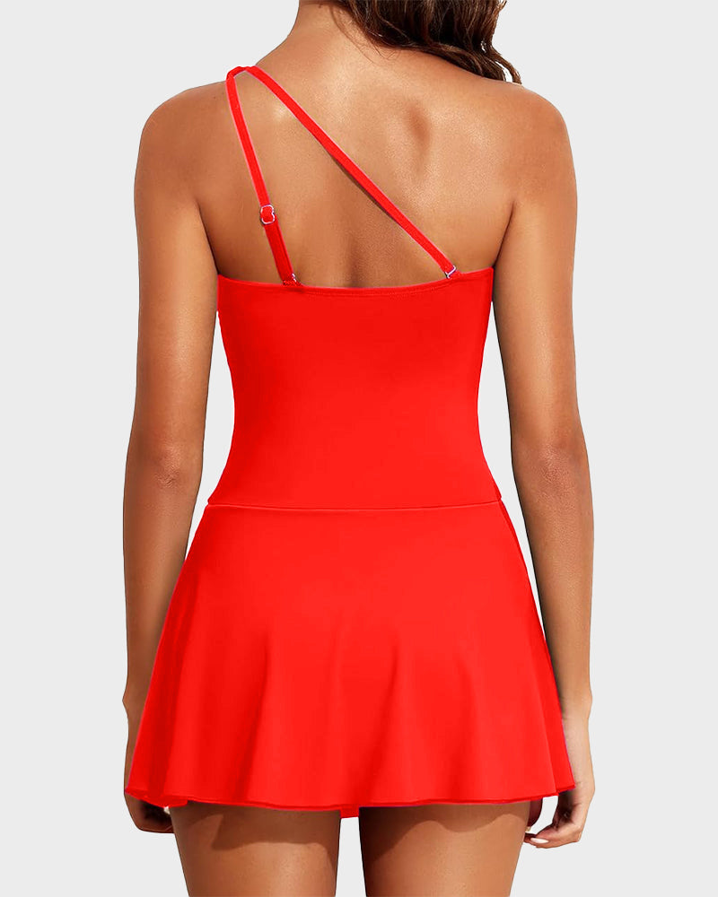 ⛱️Last Day Sale 49% OFF🔥Women One Piece Swim Dress One Shoulder Swimsuit With Skirt