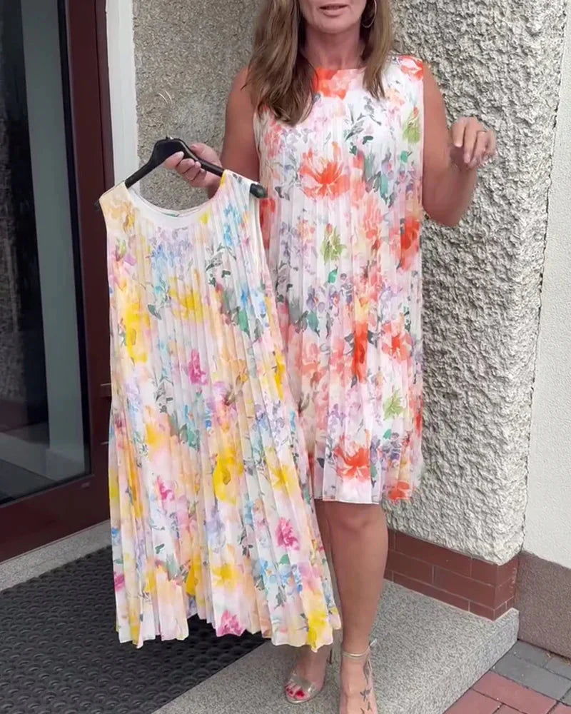 🔥Last Day 49% OFF🔥Sleeveless Pleated Floral Print Midi Dress with Defined Waist