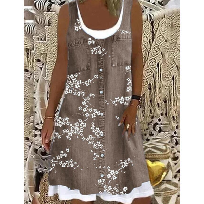 👗50% OFF☀️Women's Faux Two-Piece Denim Print Dress