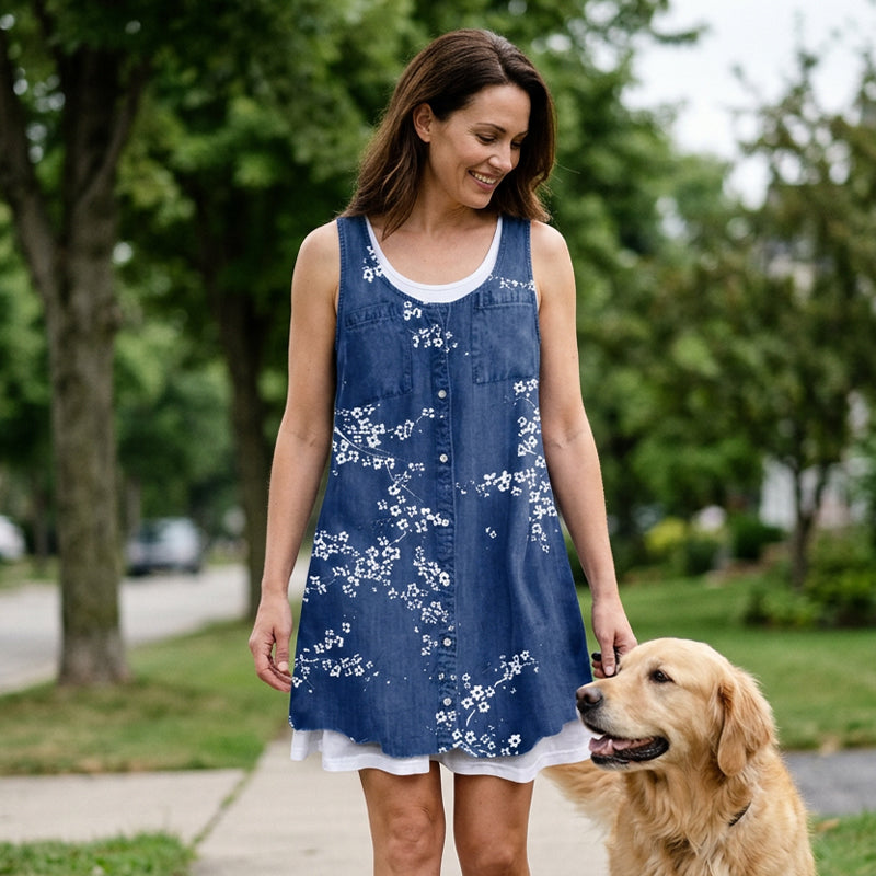 👗50% OFF☀️Women's Faux Two-Piece Denim Print Dress