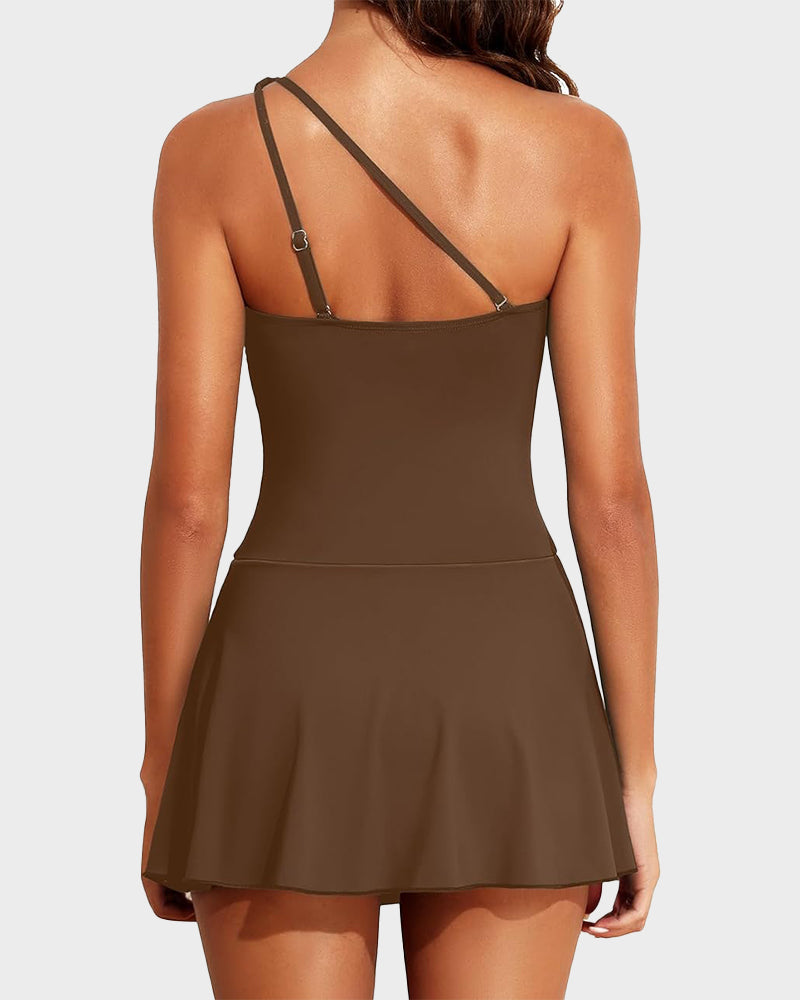 ⛱️Last Day Sale 49% OFF🔥Women One Piece Swim Dress One Shoulder Swimsuit With Skirt