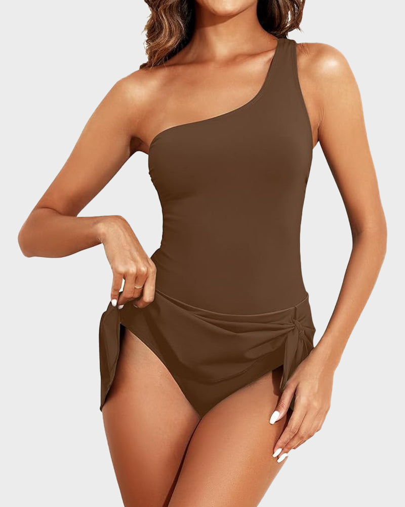 ⛱️Last Day Sale 49% OFF🔥Women One Piece Swim Dress One Shoulder Swimsuit With Skirt