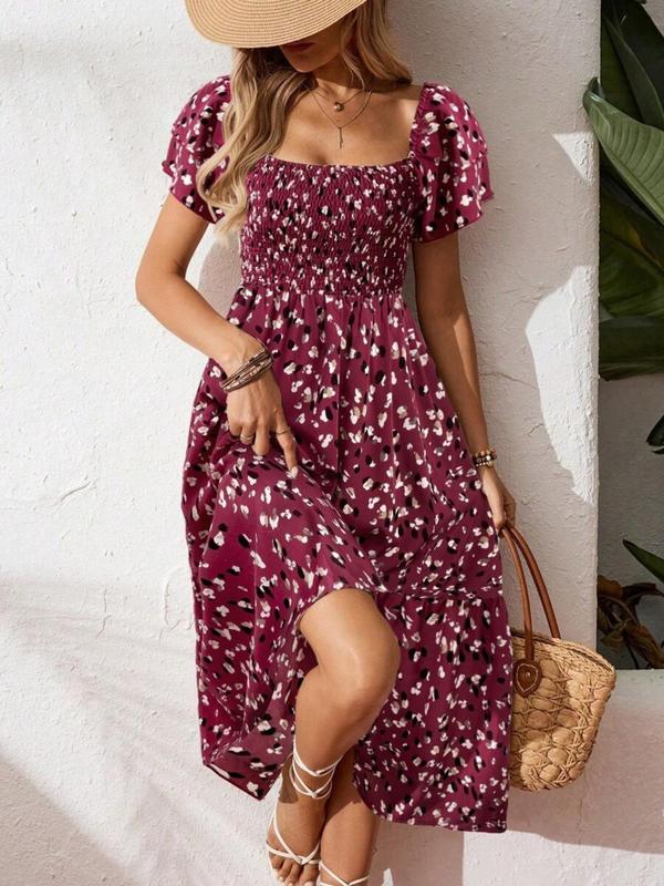 🌈2026 Summer Hot Sale 50% OFF!✨Square Neck Floral Midi Dress – Smocked Bodice, Flowy Tiered Skirt, Romantic 🌸1