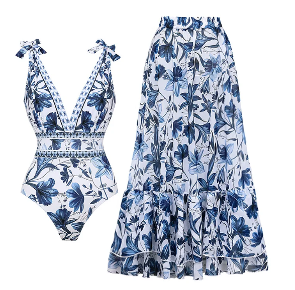💥 Special Sale 50% OFF💥 V Neck Lace Up Printed One Piece Swimsuit and Skirt
