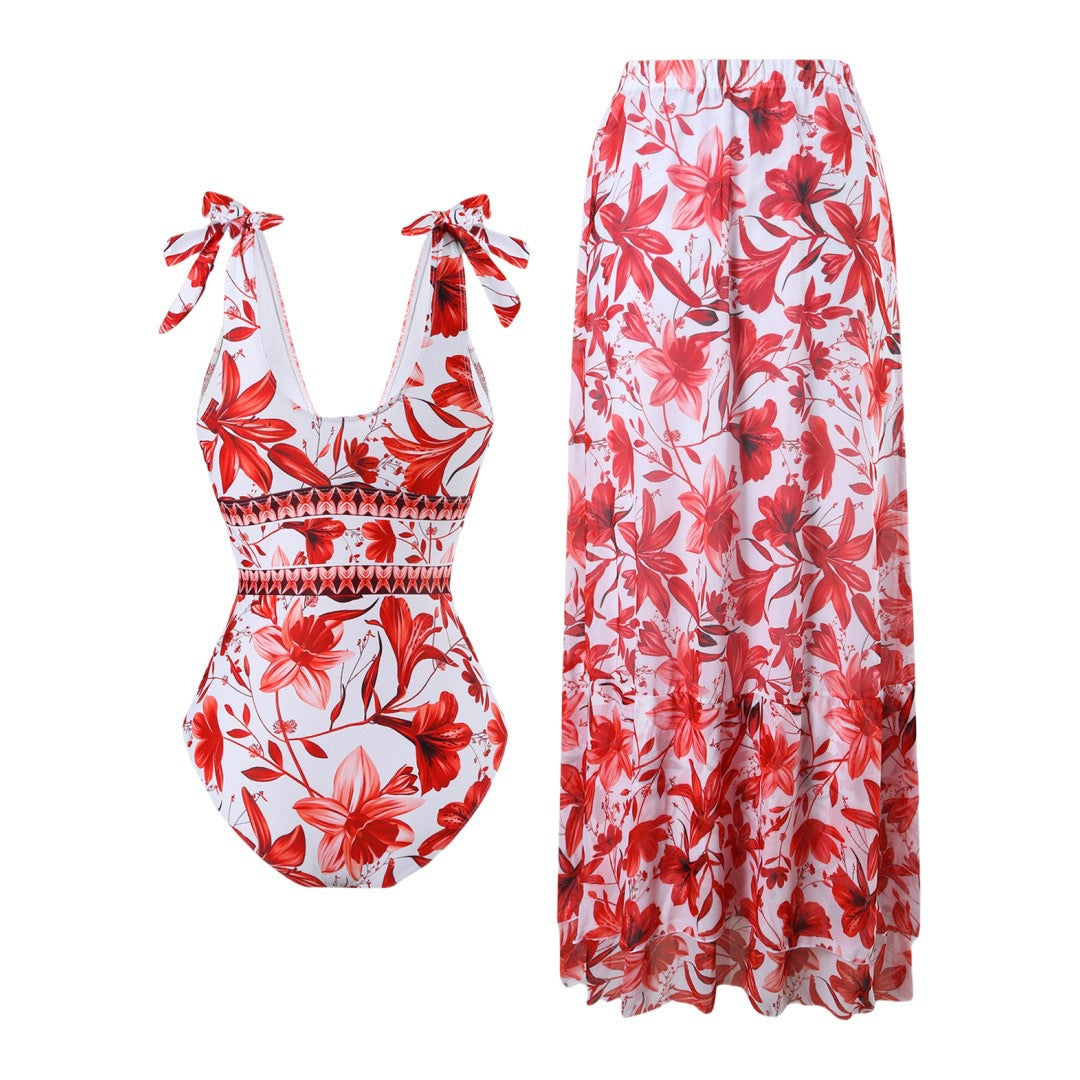 💥 Special Sale 50% OFF💥 V Neck Lace Up Printed One Piece Swimsuit and Skirt