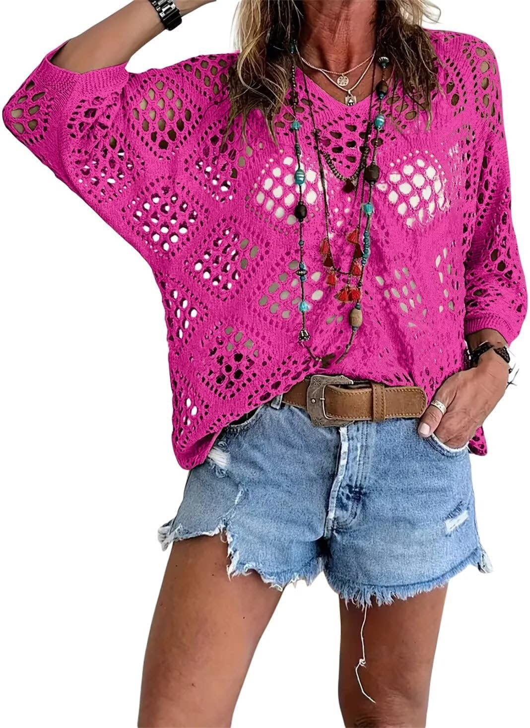 🥰Summer Sale-55% OFF💛Women's Bohemian-Inspired Beige Crochet Top With V-Neck