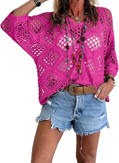 🥰Summer Sale-55% OFF💛Women's Bohemian-Inspired Beige Crochet Top With V-Neck