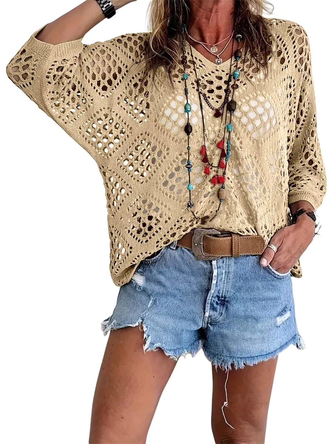🥰Summer Sale-55% OFF💛Women's Bohemian-Inspired Beige Crochet Top With V-Neck