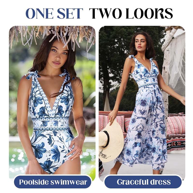 💥 Special Sale 50% OFF💥 V Neck Lace Up Printed One Piece Swimsuit and Skirt
