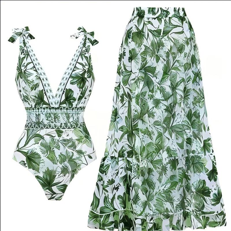 💥 Special Sale 50% OFF💥 V Neck Lace Up Printed One Piece Swimsuit and Skirt