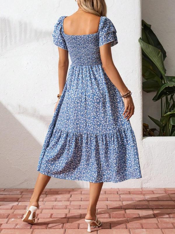 🌈2026 Summer Hot Sale 50% OFF!✨Square Neck Floral Midi Dress – Smocked Bodice, Flowy Tiered Skirt, Romantic 🌸1