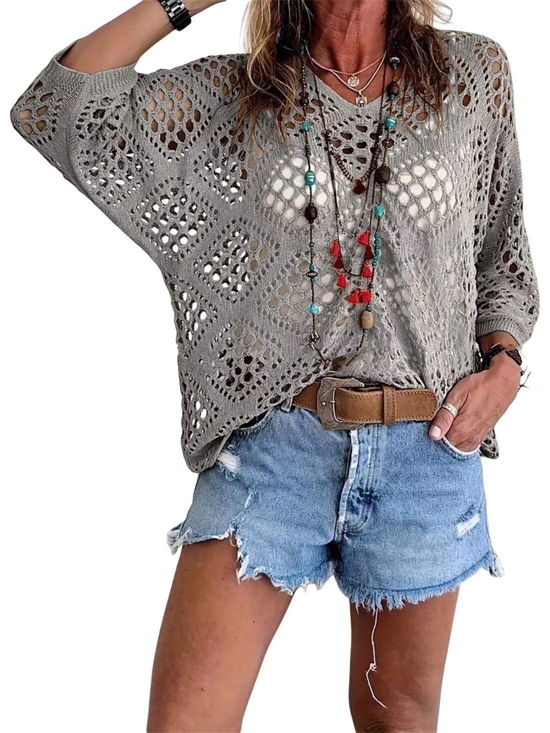 🥰Summer Sale-55% OFF💛Women's Bohemian-Inspired Beige Crochet Top With V-Neck