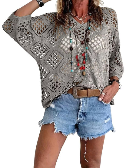 🥰Summer Sale-55% OFF💛Women's Bohemian-Inspired Beige Crochet Top With V-Neck