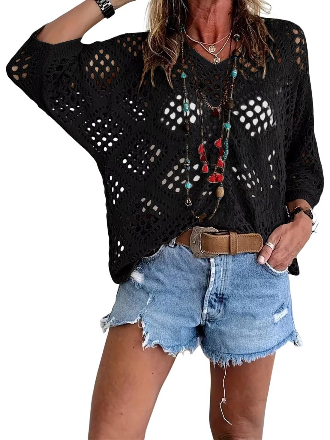🥰Summer Sale-55% OFF💛Women's Bohemian-Inspired Beige Crochet Top With V-Neck