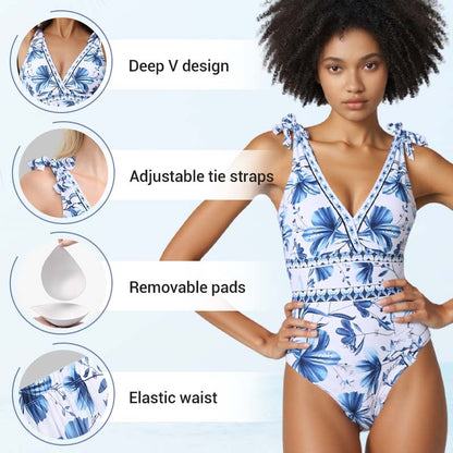 💥 Special Sale 50% OFF💥 V Neck Lace Up Printed One Piece Swimsuit and Skirt