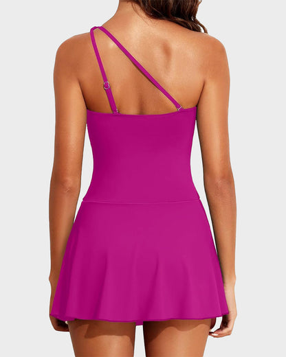 ⛱️Last Day Sale 49% OFF🔥Women One Piece Swim Dress One Shoulder Swimsuit With Skirt