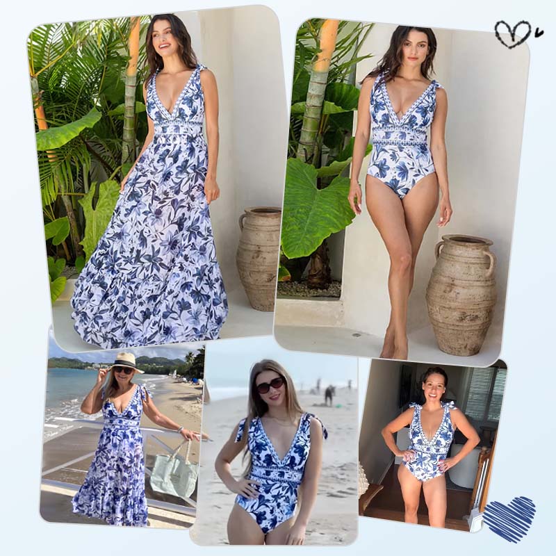 💥 Special Sale 50% OFF💥 V Neck Lace Up Printed One Piece Swimsuit and Skirt