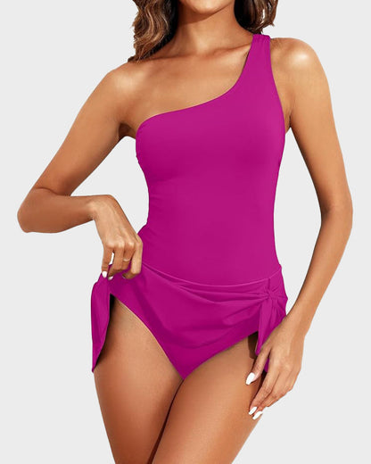 ⛱️Last Day Sale 49% OFF🔥Women One Piece Swim Dress One Shoulder Swimsuit With Skirt