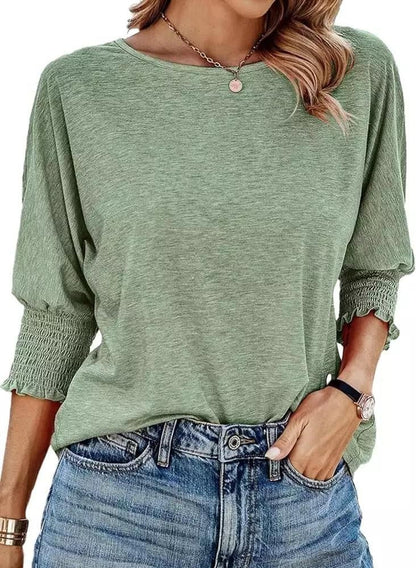 ⏳ Limited Time 50% Off!💐Women's Round Neck Smocked Cuff Dolman Sleeve Top