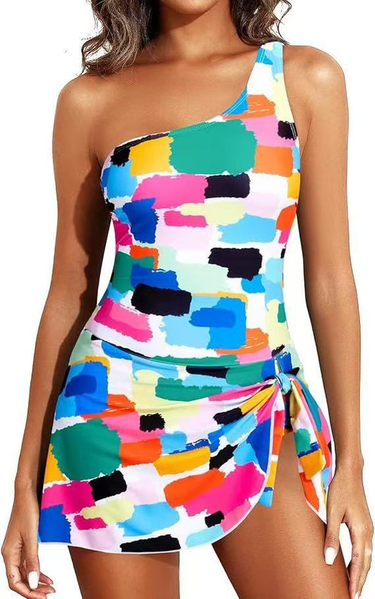⛱️Last Day Sale 49% OFF🔥Women One Piece Swim Dress One Shoulder Swimsuit With Skirt