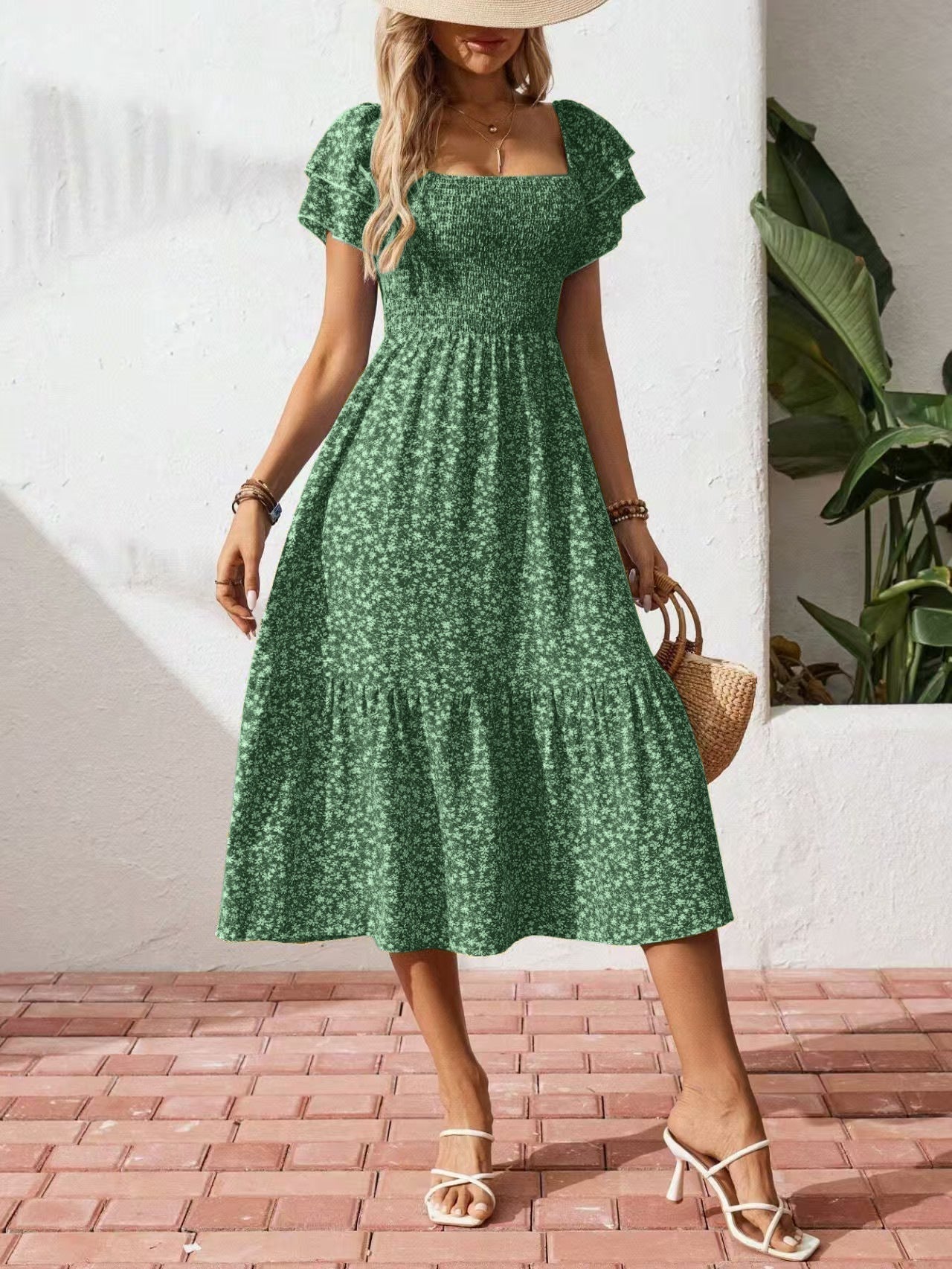 🌈2026 Summer Hot Sale 50% OFF!✨Square Neck Floral Midi Dress – Smocked Bodice, Flowy Tiered Skirt, Romantic 🌸1