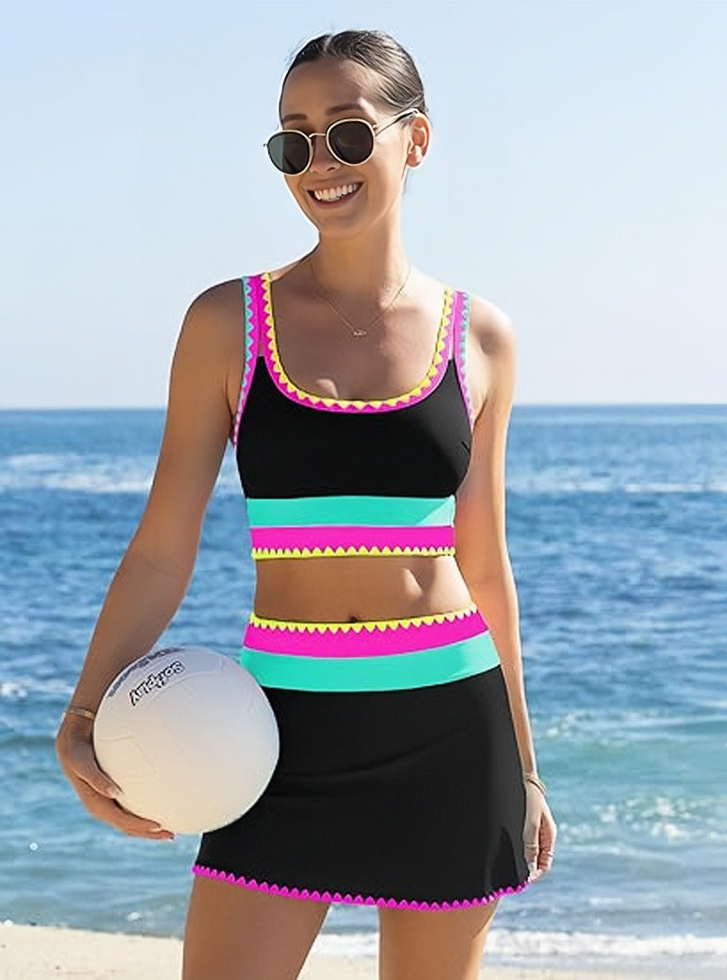 🏖️Hot Sale 50% OFF🌼Color Block Patchwork Nylon Sporty 3-Piece Bikini Set - High Waisted & Tummy Control Swimsuit👙🌈