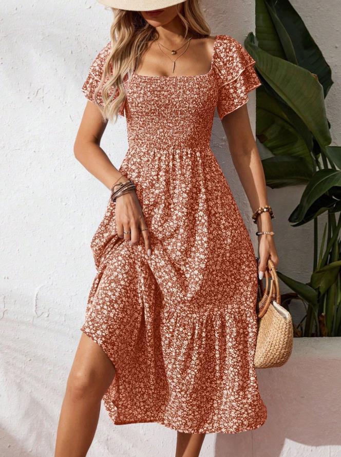 🌈2026 Summer Hot Sale 50% OFF!✨Square Neck Floral Midi Dress – Smocked Bodice, Flowy Tiered Skirt, Romantic 🌸1