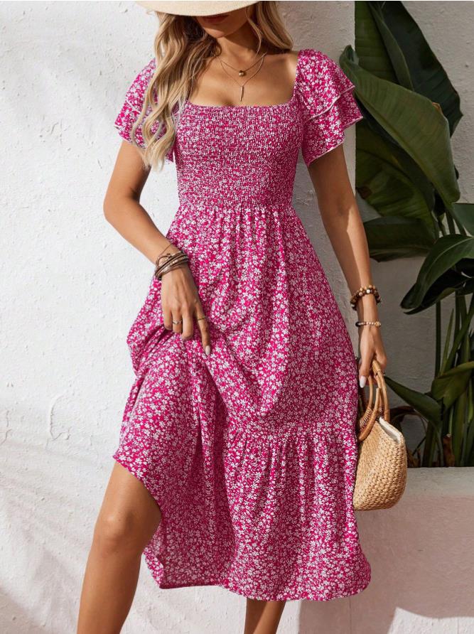 🌈2026 Summer Hot Sale 50% OFF!✨Square Neck Floral Midi Dress – Smocked Bodice, Flowy Tiered Skirt, Romantic 🌸1