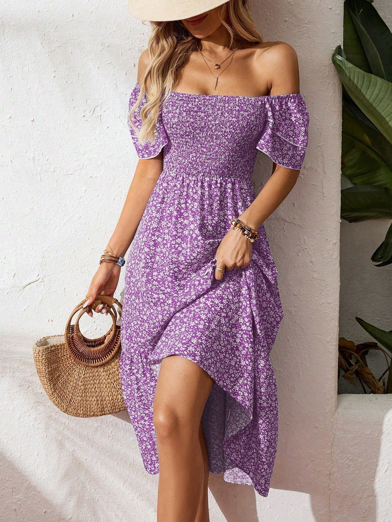 🌈2026 Summer Hot Sale 50% OFF!✨Square Neck Floral Midi Dress – Smocked Bodice, Flowy Tiered Skirt, Romantic 🌸1
