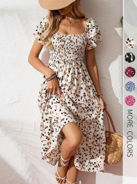 🌈2026 Summer Hot Sale 50% OFF!✨Square Neck Floral Midi Dress – Smocked Bodice, Flowy Tiered Skirt, Romantic 🌸1