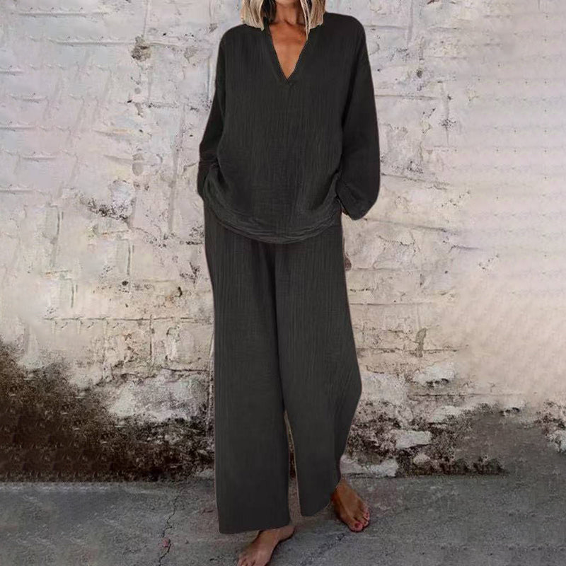 Casual Solid Color V-Neck Long Sleeve Top & Wide-Leg Pants Set