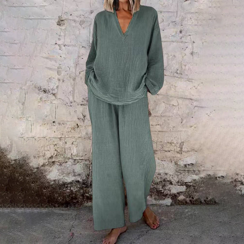 Casual Solid Color V-Neck Long Sleeve Top & Wide-Leg Pants Set