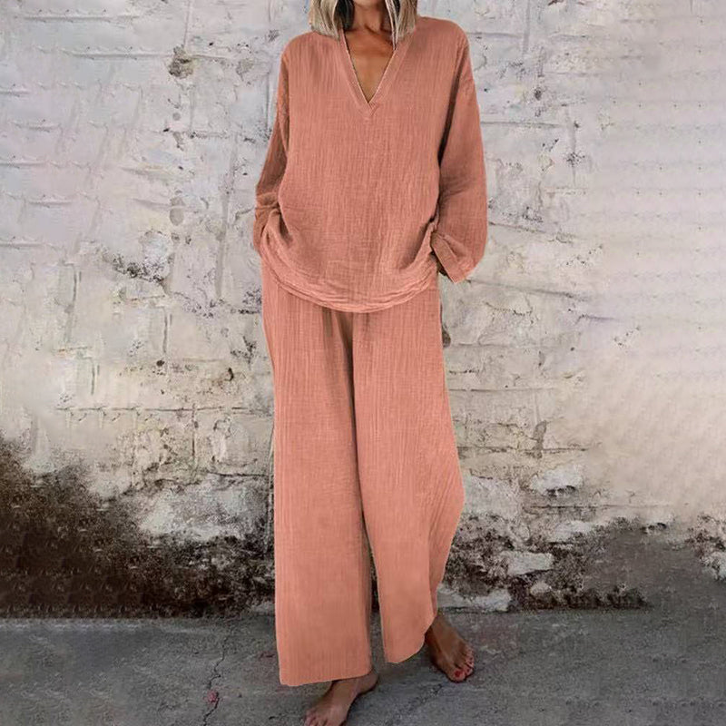 Casual Solid Color V-Neck Long Sleeve Top & Wide-Leg Pants Set