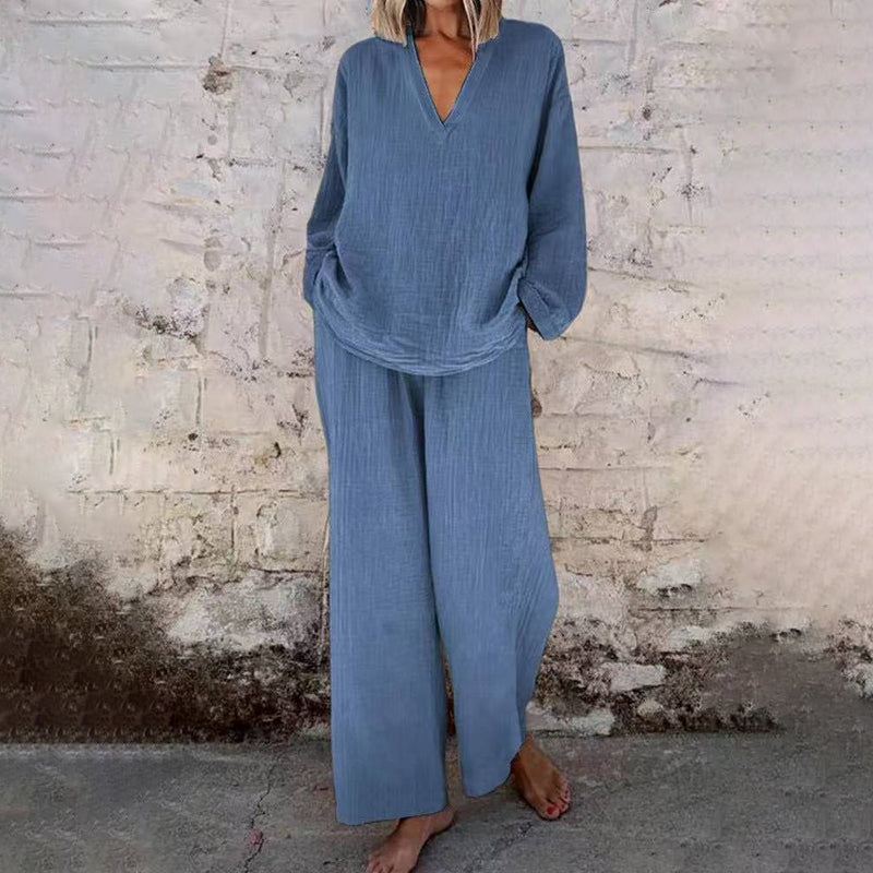 Casual Solid Color V-Neck Long Sleeve Top & Wide-Leg Pants Set