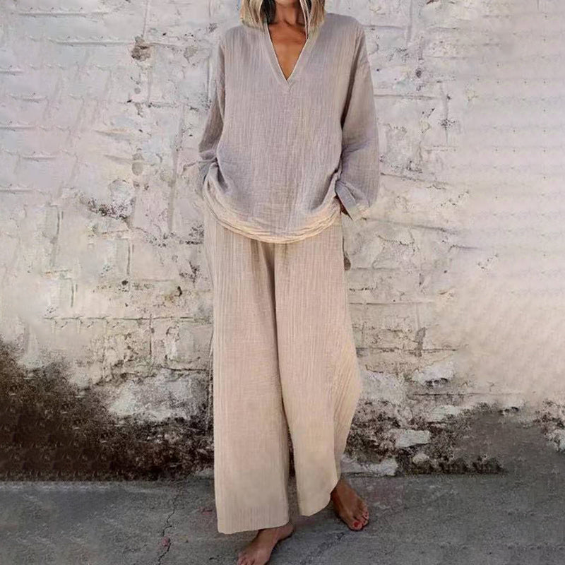 Casual Solid Color V-Neck Long Sleeve Top & Wide-Leg Pants Set