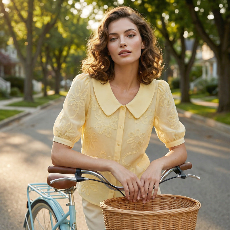 Embroidered Floral Retro Collar Shirt