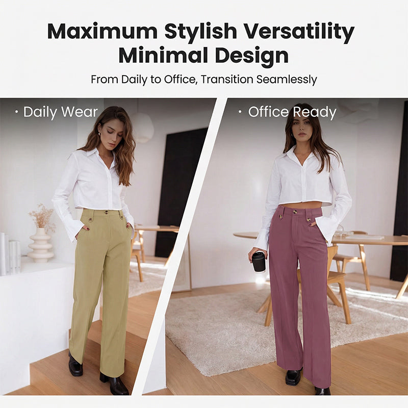 High-Waist Straight-Leg Pants with Button Detail