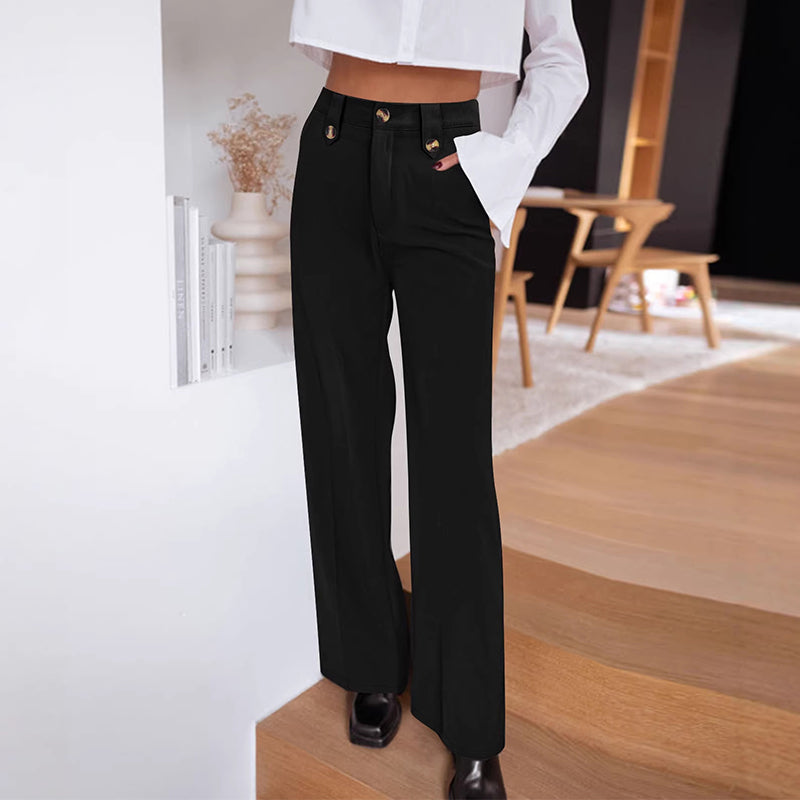 High-Waist Straight-Leg Pants with Button Detail