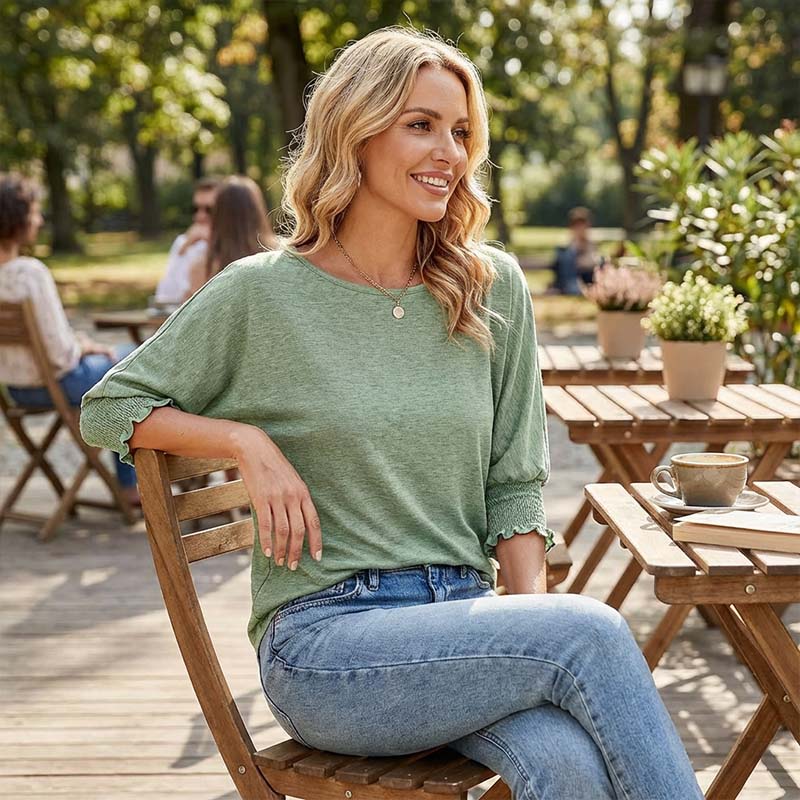 ⏳ Limited Time 50% Off!💐Women's Round Neck Smocked Cuff Dolman Sleeve Top