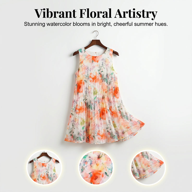 🔥Last Day 49% OFF🔥Sleeveless Pleated Floral Print Midi Dress with Defined Waist