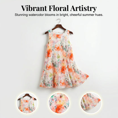 🔥Last Day 49% OFF🔥Sleeveless Pleated Floral Print Midi Dress with Defined Waist