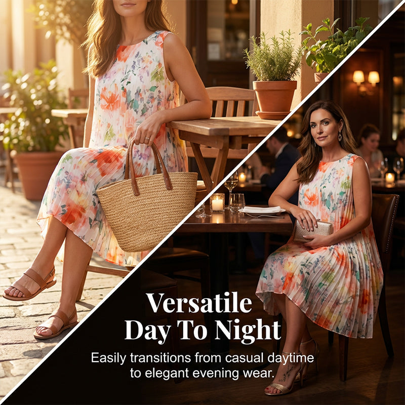 🔥Last Day 49% OFF🔥Sleeveless Pleated Floral Print Midi Dress with Defined Waist