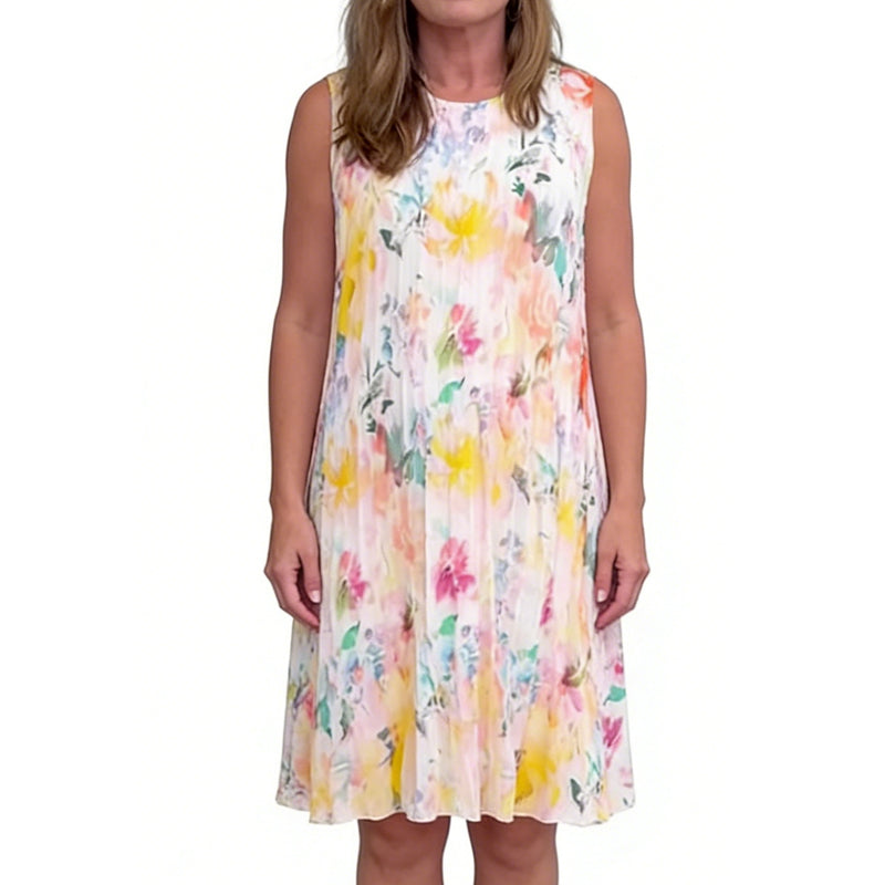 🔥Last Day 49% OFF🔥Sleeveless Pleated Floral Print Midi Dress with Defined Waist