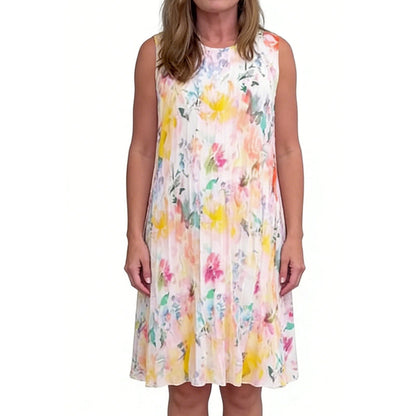 🔥Last Day 49% OFF🔥Sleeveless Pleated Floral Print Midi Dress with Defined Waist