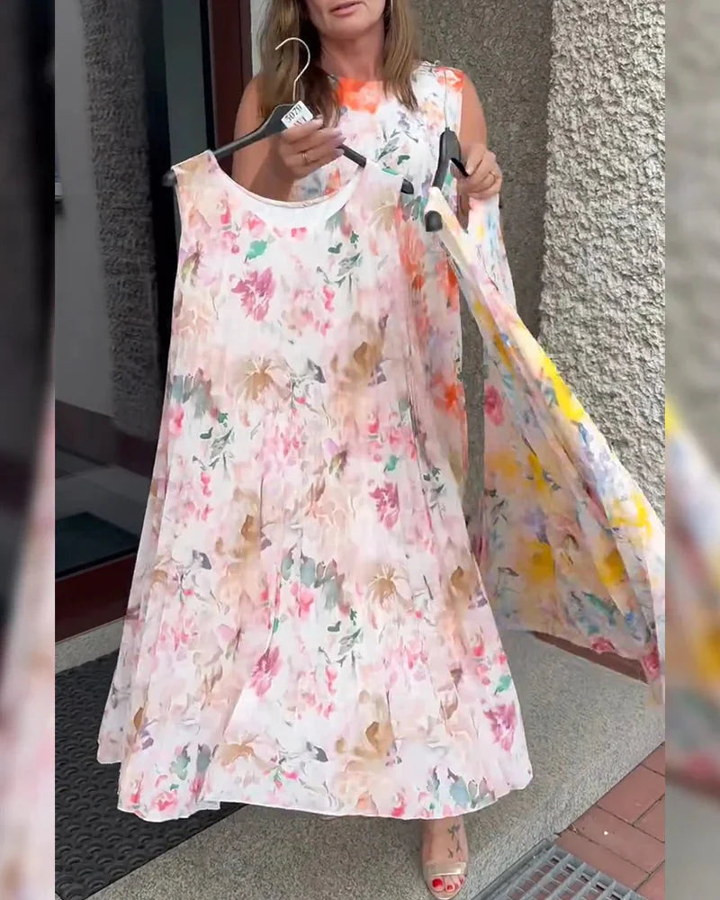 🔥Last Day 49% OFF🔥Sleeveless Pleated Floral Print Midi Dress with Defined Waist