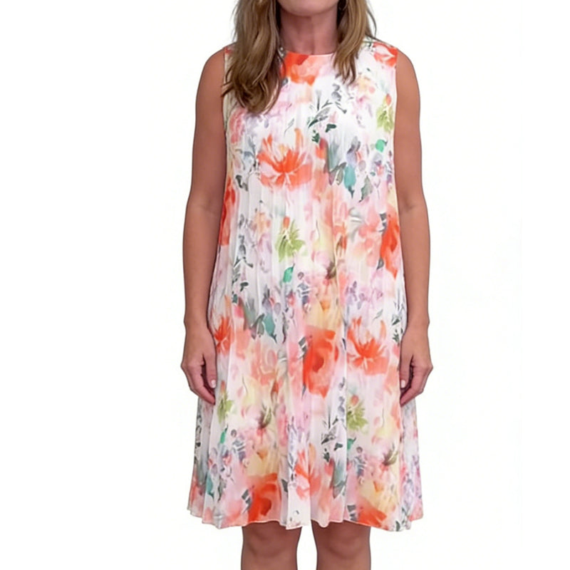 🔥Last Day 49% OFF🔥Sleeveless Pleated Floral Print Midi Dress with Defined Waist