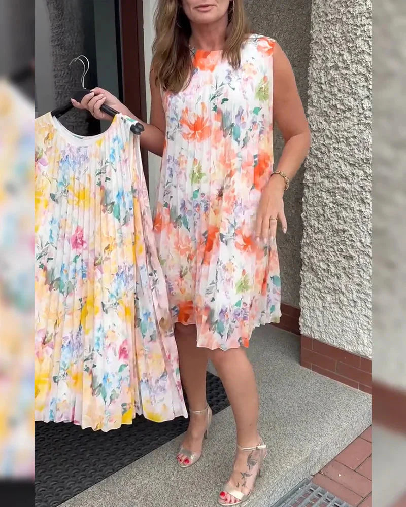 🔥Last Day 49% OFF🔥Sleeveless Pleated Floral Print Midi Dress with Defined Waist